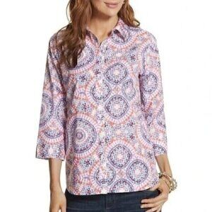 CHICO'S 2 Effortless Danise Sunburst Button-Down Shirt No-Iron Multi 3/4 Sleeve
